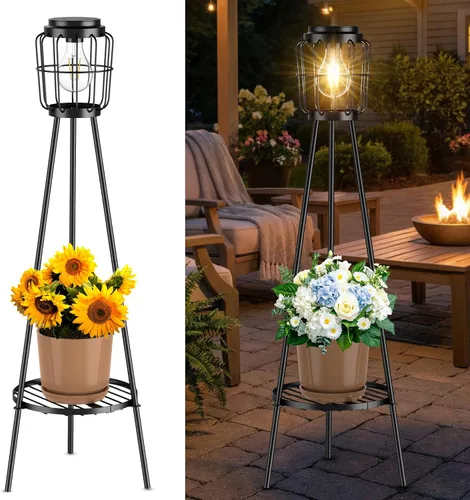 Miniatura 10 de MXwcy Lámpara de pie solar con soportes para plantas, luces solares para exteriores con bombillas LED Edison vintage, luces de jardín resistentes a