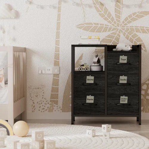 Miniatura 8 de Furnulem Cómodas Negras de 5 Cajones para Dormitorio Estante de 2 Niveles Almacenamiento Cómoda de Tela Pequeña para Closet Marco de Metal Roble