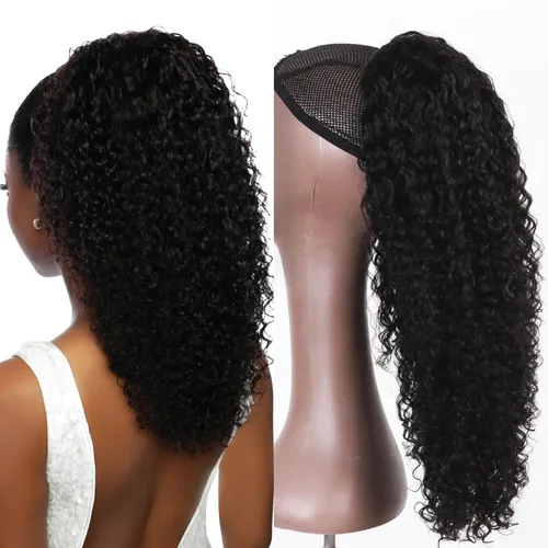Miniatura 13 de Extensión de cola de caballo de cabello humano de 12 pulgadas con cordón rizado profundo para mujeres negras, extensión rizada 3C, color negro