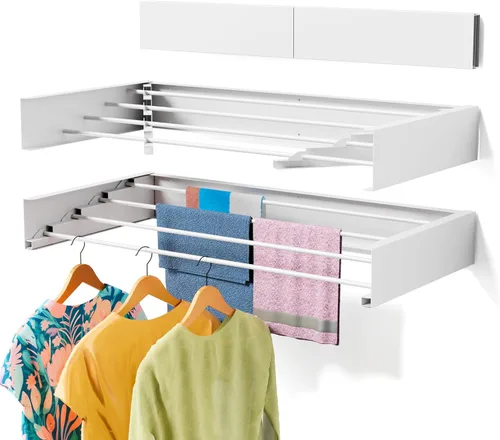 ZMBESUP Estante de secado de ropa plegable, para montar en la pared, estante de secado de pared retráctil, 23.6 pulgadas de ancho, 4 varillas de