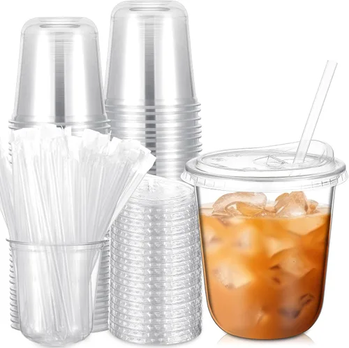 Ziliny Paquete de 25 vasos de plástico transparente de 12 onzas con tapas para sorbos y pajitas, tazas desechables para café helado de cristal para