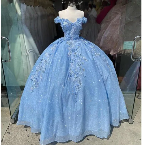 Miniatura 7 de Ftupza Preciosos vestidos de quinceañera florales 3D vestidos de tul hinchados para mujeres fuera del hombro vestido de fiesta largo FFtu09