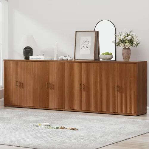 Miniatura 9 de Yechen Armario de buffet acanalado con acento de nogal con almacenamiento y 4 puertas, armario de almacenamiento Mordern Credenza con estantes