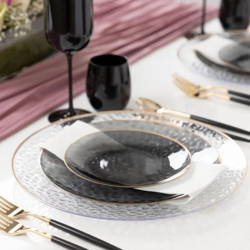 Miniatura 3 de EcoQuality Platos redondos de plástico martillado negro translúcido de 10 pulgadas con borde dorado – Platos de fiesta similares a China, cargador