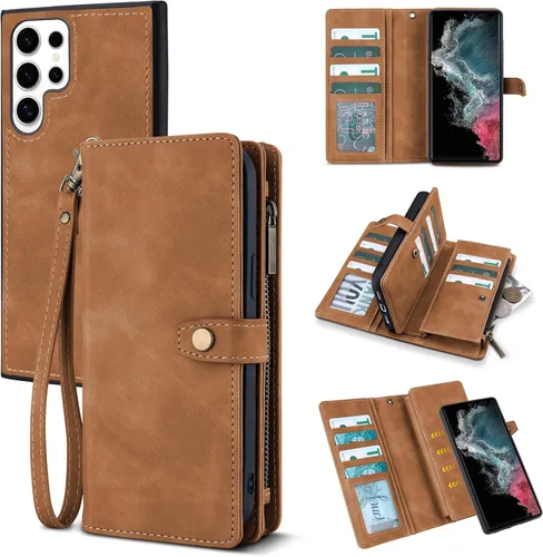 Miniatura 12 de TwoHead Funda tipo cartera para Samsung Galaxy S22 Ultra con tarjetero y funda magnética desmontable, funda de cuero con protección completa
