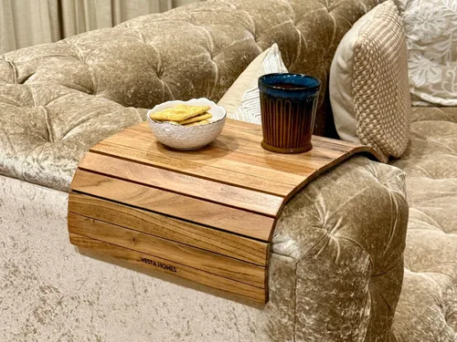 Miniatura 6 de Vesta Homes Bandeja para reposabrazos de sofá, madera de acacia premium, bandeja de sofá flexible y plegable, mesa de brazo y reposabrazos, adecuada