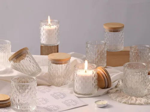 NITIME 15 tarros de vela de 7.5 onzas para hacer velas, recipientes de vidrio transparente con tapas de bambú y etiquetas adhesivas, recipientes y