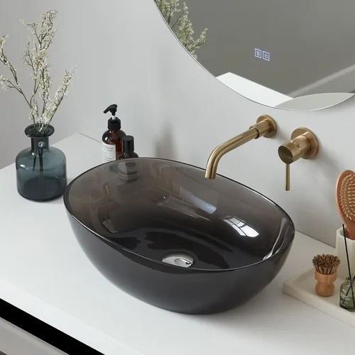 Cpingao Fregadero ovalado translúcido de 23 x 15 pulgadas para gabinete, encimera de resina de piedra en forma de barco para lavabo con drenaje Negro