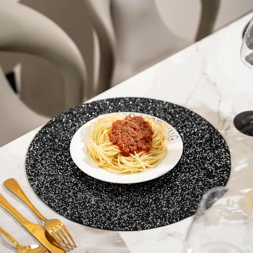 Miniatura 2 de Mantel individual negro de pedrería con diamantes triturados brillantes redondos lavables con purpurina para otoño, Halloween, boda, Navidad
