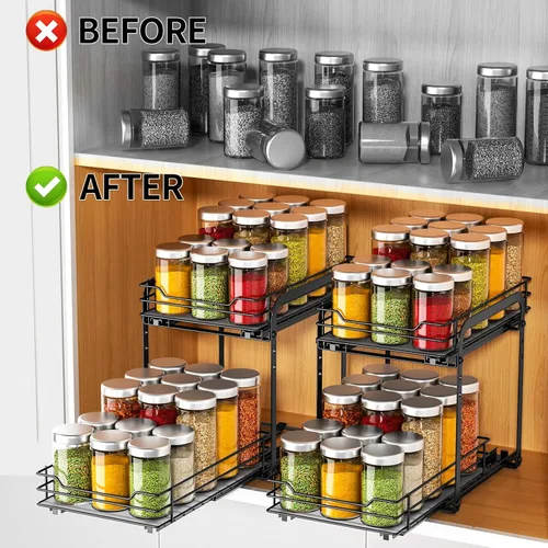 Miniatura 2 de RCHYFEED Estante para especias, organizador de especias de armario extraíble de 2 niveles, altura ajustable, estantes deslizables ultra suaves