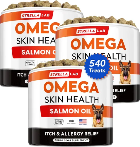 Miniatura 11 de StrellaLab Omega 3 para perros – (360 unidades) Golosinas de aceite de pescado – Alivio de alergias y picazón Suplemento de piel y pelaje – Piel