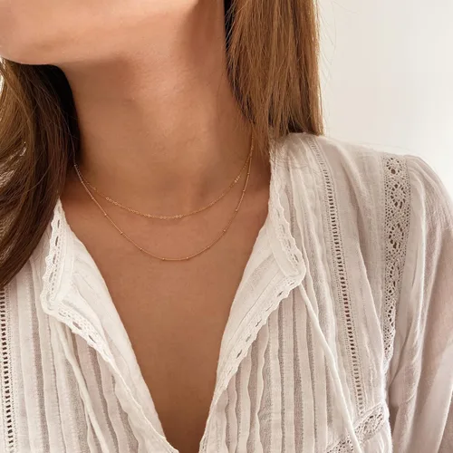 Miniatura 2 de Tewiky Collar de cadena de oro para mujer, chapado en oro de 14 quilates, collar de cadena de caja de ondas con cuentas finas, collar de oro