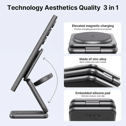 Miniatura 4 de KU XIU Cargador inalámbrico para Samsung, estación de carga inalámbrica plegable de aleación de zinc 3 en 1 para Samsung Galaxy S25 Ultra S24 S23