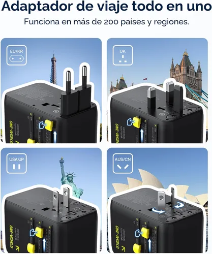 Miniatura 2 de Baseus Adaptador de viaje universal de 70 W, adaptador de enchufe internacional 6 en 1 con cable retráctil, cargador de pared USB-C PD de carga Negro