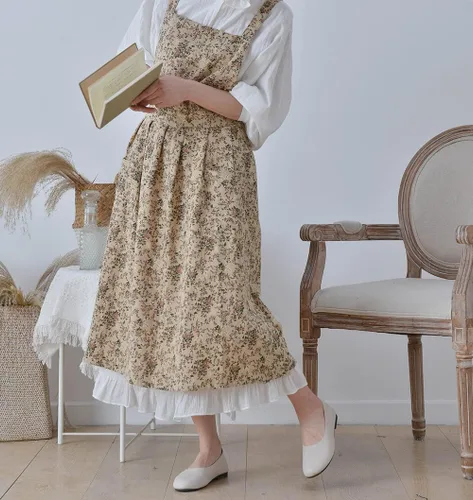 Miniatura 7 de Delantal japonés de algodón con espalda cruzada para mujer con bolsillos A1-café Floral