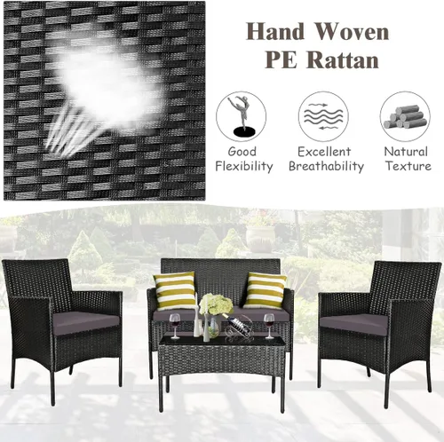 Miniatura 3 de Tangkula Juego de muebles de patio de 4 piezas, juego de conversación de mimbre para exteriores con mesa de vidrio templado, juego de sofá y sillas
