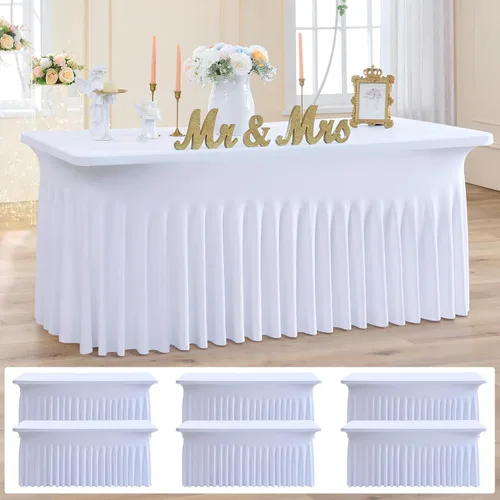 Miniatura 30 de Paquete de 2 manteles de elastano azul bebé de 6 pies con falda de mesa con volantes, manteles ajustables elásticos sin arrugas para mesas