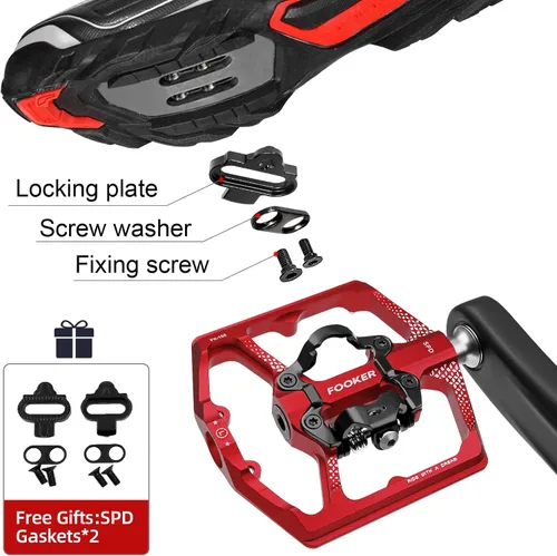 Miniatura 6 de FOOKER Pedales de bicicleta de montaña MTB, doble función plana y pedal, 3 rodamientos sellados plataforma plana compatible con pedal sin clip Rojo