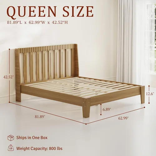 Miniatura 2 de Base de cama tamaño Queen con cabecero, marco de cama de madera moderna de mediados de siglo con cabecero acanalado y alas curvas, sin ruido,