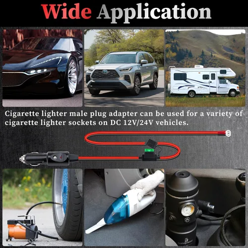 Miniatura 7 de Enchufe de encendedor de cigarrillos resistente de 12 AWG, cable adaptador de enchufe macho de encendedor de cigarrillos de 10 pies con luces LED