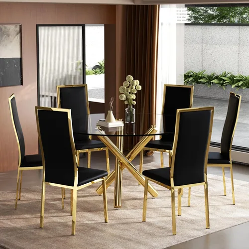 Miniatura 23 de Moderno juego de mesa redonda de cristal para 2, juego de mesa de cocina de círculo pequeño de 36 pulgadas con 2 sillas de comedor de piel sintética