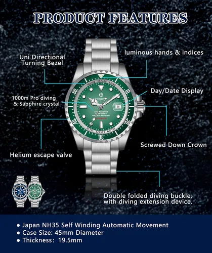 Miniatura 6 de ENRIVA Men's 1000m Automatic Pro Diver Watch Aluminium Bezel Diving Watches Self-Wind Professional Diver Watches for Men