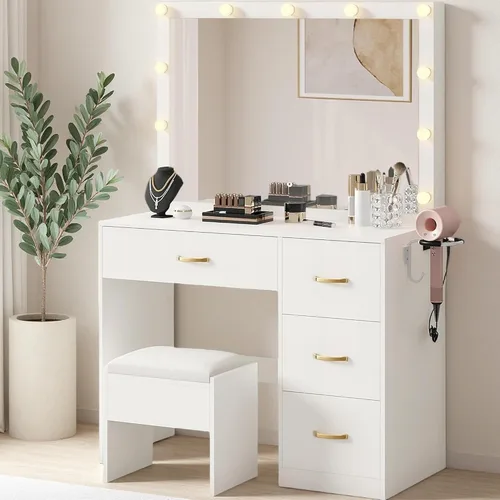Miniatura 8 de DWVO Tocador de maquillaje con parte superior de vidrio de 46 pulgadas con 10 cajones, juego de escritorio con espejo LED grande, estación de carga