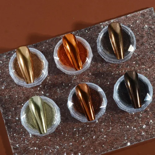 Maillard - Juego de polvos de uñas cromados, 6 colores marrón metálico, efecto espejo, pigmento marrón, polvo cromado, manicura, purpurina para
