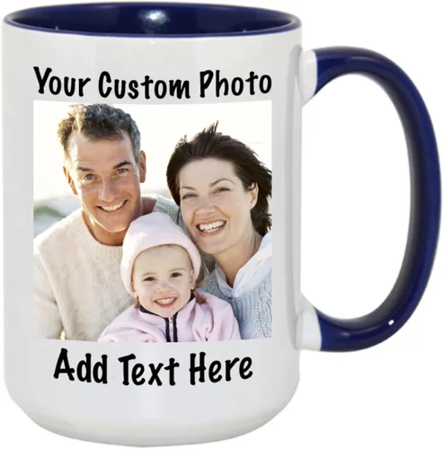 Miniatura 10 de Tazas de café de cerámica personalizadas de 15 oz con texto personalizado e imagen fotográfica, regalo novedoso, personalizado con diferentes Negro