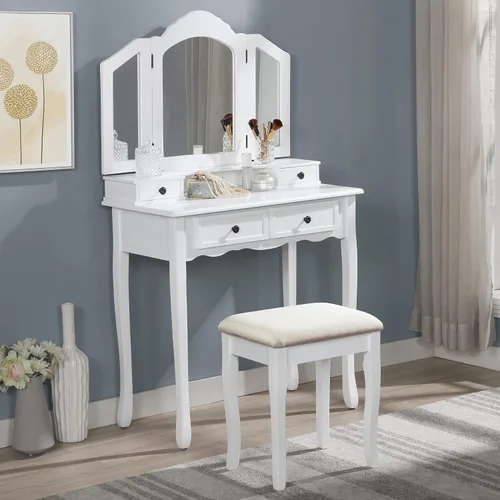 Roundhill Furniture, Sanlo - Juego de tocador y banco de madera, blanco