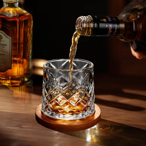 Miniatura 6 de Vaso de vidrio antiguo giratorio, 275ml/10oz de vidrio de whisky de cristal, posavasos de madera, engrosamiento, utilizado como vaso de ron, vaso