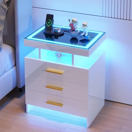 Miniatura 13 de HNEBC Mesita de noche LED con estación de carga, mesita de noche inteligente con luces de sensor de movimiento, 3 cajones, parte superior de vidrio