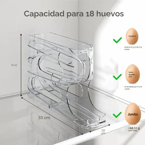 Miniatura 7 de Sotfamily Soporte transparente para huevos para refrigerador, dispensador automático de huevos para huevos, 18 unidades, diseño FIFO, rodillo