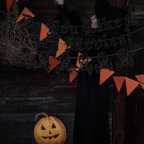 Miniatura 6 de Cartel de películas de terror con texto en inglés "Do You Like Scary Movies", guirnalda gótica de calavera inglesa, decoración de noche de películas