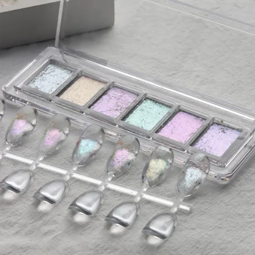 Miniatura 7 de Fcozpjk Juego de purpurina iridiscente para uñas, 6 colores, textura de barro, polvo cromado aurora, purpurina nacarada rosa azul, copos de uñas