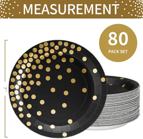 Miniatura 2 de DYLIVeS Plato de papel, paquete de 80 lunares negros y dorados, platos desechables de 7 pulgadas, redondo, casual, para todas las estaciones