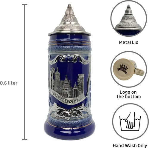 Miniatura 2 de Essence of Europe Gifts OktoberfestHaus - Jarra de cerveza alemana de Rothenburg con emblema de metal en una jarra de cerámica con tapa de 0,6