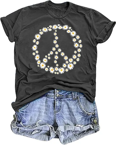 Camiseta de amor con signo de paz para mujer, camiseta con estampado de flores, hippie de manga corta de los años 60 y 70, camiseta inspiradora