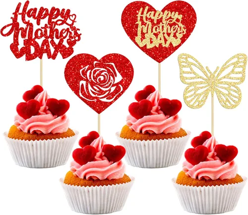 Miniatura 30 de Gyufise 1 pieza de decoración de pastel para el Día de la Madre con purpurina de corazón Love You Mom Cake Pick Rose Flower Best Mom Cupcake Decor