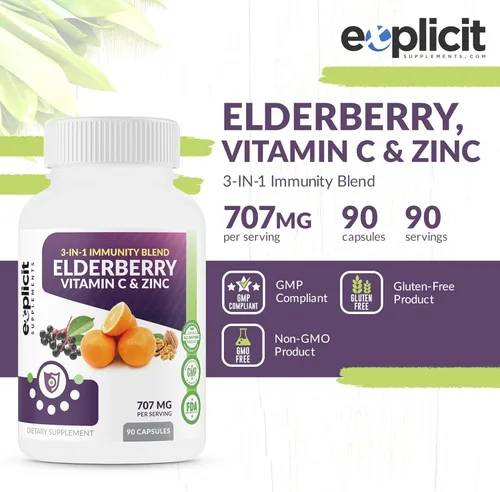 Miniatura 2 de Suplemento natural de baya de saúco, vitamina C y zinc, triple refuerzo de inmunidad, suministro extra fuerte para 3 meses, apoya la salud