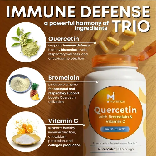 Miniatura 5 de Quercetina con bromelina y vitamina C - Suplemento de 630 mg - Cápsulas de quercetina y bromelina de alta potencia para apoyo inmunológico, salud