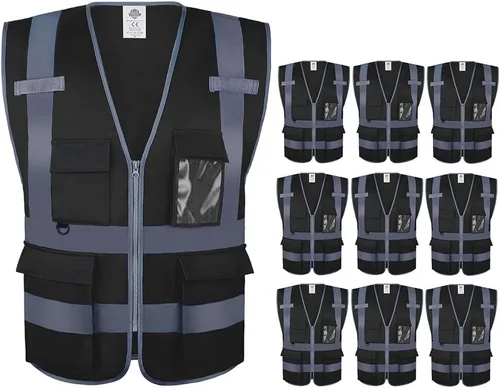 Miniatura 16 de Dazonity Chaleco de seguridad de alta visibilidad con múltiples bolsillos y cremallera, M, tiras reflectantes, apto para hombres y mujeres, trabajo