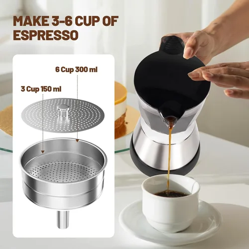 Miniatura 7 de Olla eléctrica Moka de 3 a 6 tazas de 5.1-10.1 fl oz de plástico transparente, cafetera portátil de acero inoxidable, cafetera italiana, máquina