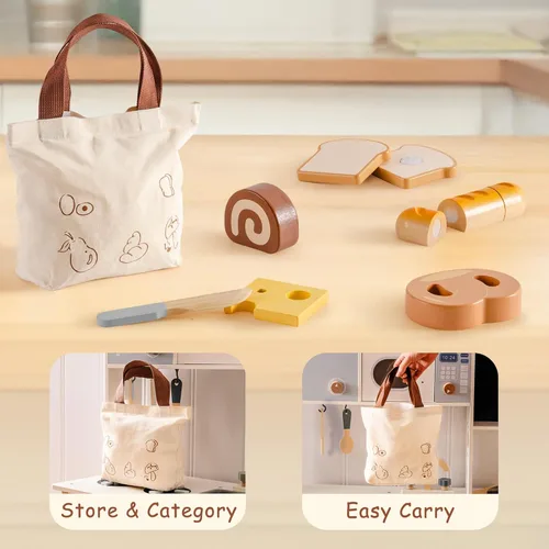Miniatura 7 de ROBOTIME Juego de Comida de Juguete de Madera para Cortar Pan, Juguete de Comida de Simulación para Cocina de Juguete con Bolsa de Compras