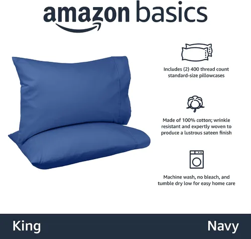 Miniatura 2 de Amazon Basics Juego de 2 fundas de almohada de 400 hilos, 100 % algodón, suaves, tejido satinado, resistentes a las arrugas, tamaño estándar, 20 x