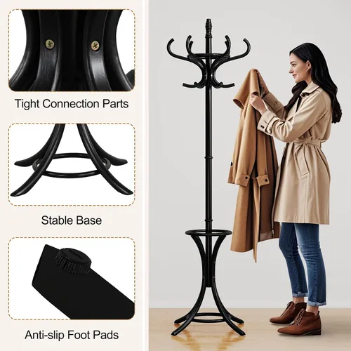Miniatura 5 de Giantex Perchero de madera maciza, árbol de pasillo independiente con 12 ganchos, soporte para paraguas, soporte de entrada para abrigos, sombreros