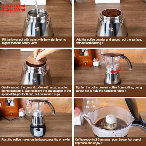Miniatura 8 de Olla eléctrica Moka de 3 a 6 tazas de 5.1-10.1 fl oz de plástico transparente, cafetera portátil de acero inoxidable, cafetera italiana, máquina