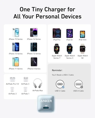 Miniatura 6 de Anker Bloque de cargador USB C, 20 W PIQ 3.0 de carga rápida compacta para iPhone 17/16/15 y más series, Galaxy, Pixel 4/3, iPad (cable no incluido)