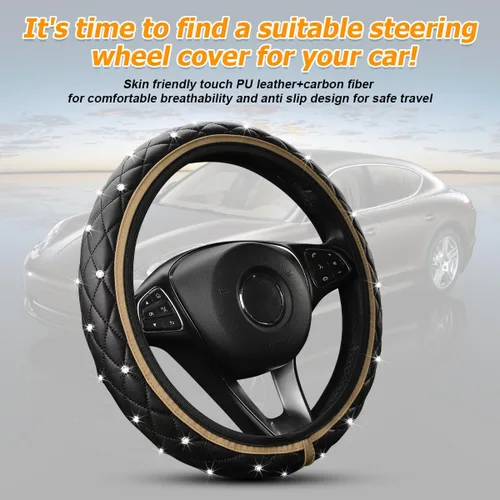 Miniatura 5 de Funda de volante de coche brillante, protector de volante elástico de cuero antideslizante, accesorios de decoración de vehículo con diamantes