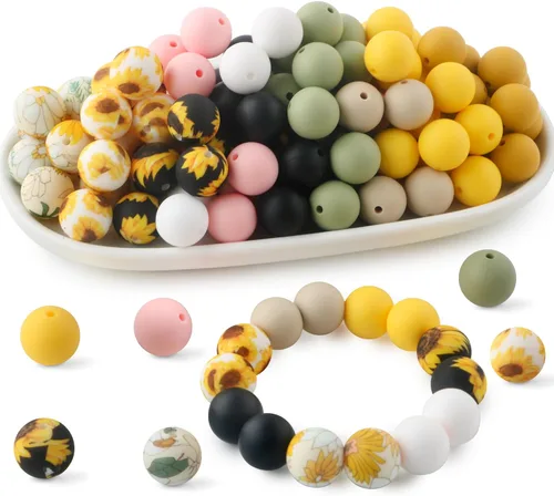 Miniatura 8 de 70 cuentas de silicona impresas para hacer llaveros, cuentas redondas de silicona de 0.59 pulgadas para hacer bolígrafos, collares y pulseras